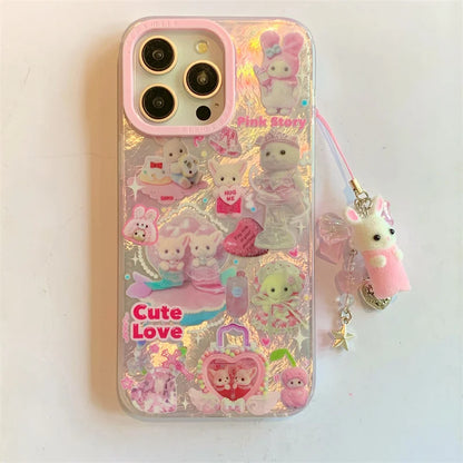 Luxury Laser Rainbow Cute Pink Heart Love Cat Cartoon Phone Case
