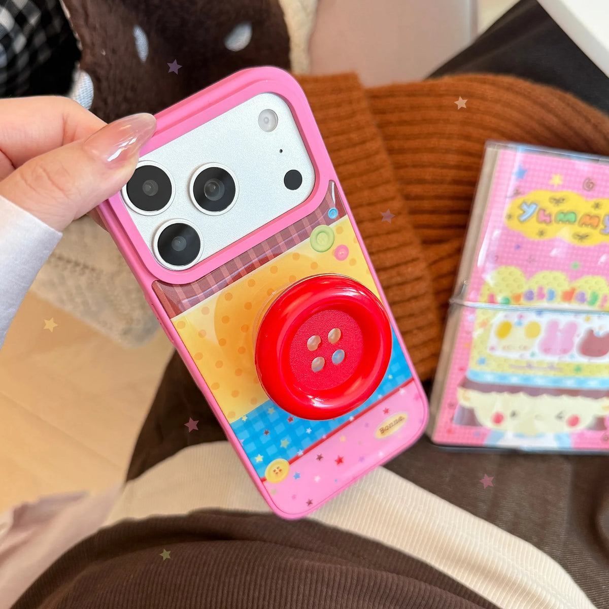 Korean Splicing Polka Dots Colorful Stars 3D Cartoon Button Holder Phone Case For iPhone