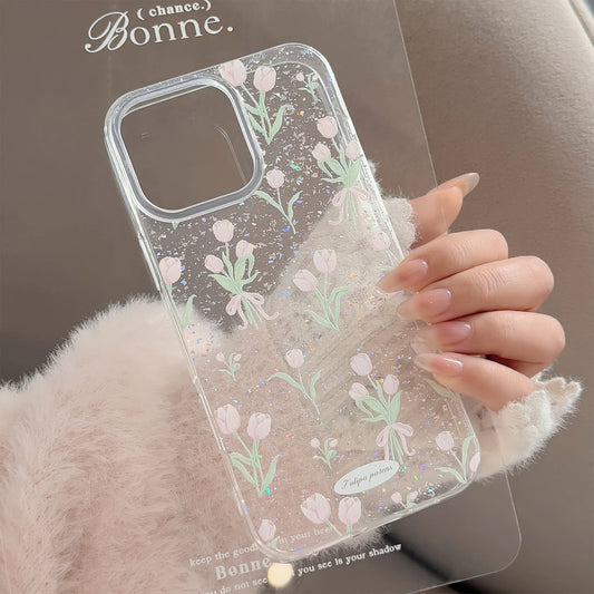 Glitter Floral Tulip Pattern Clear Phone Case