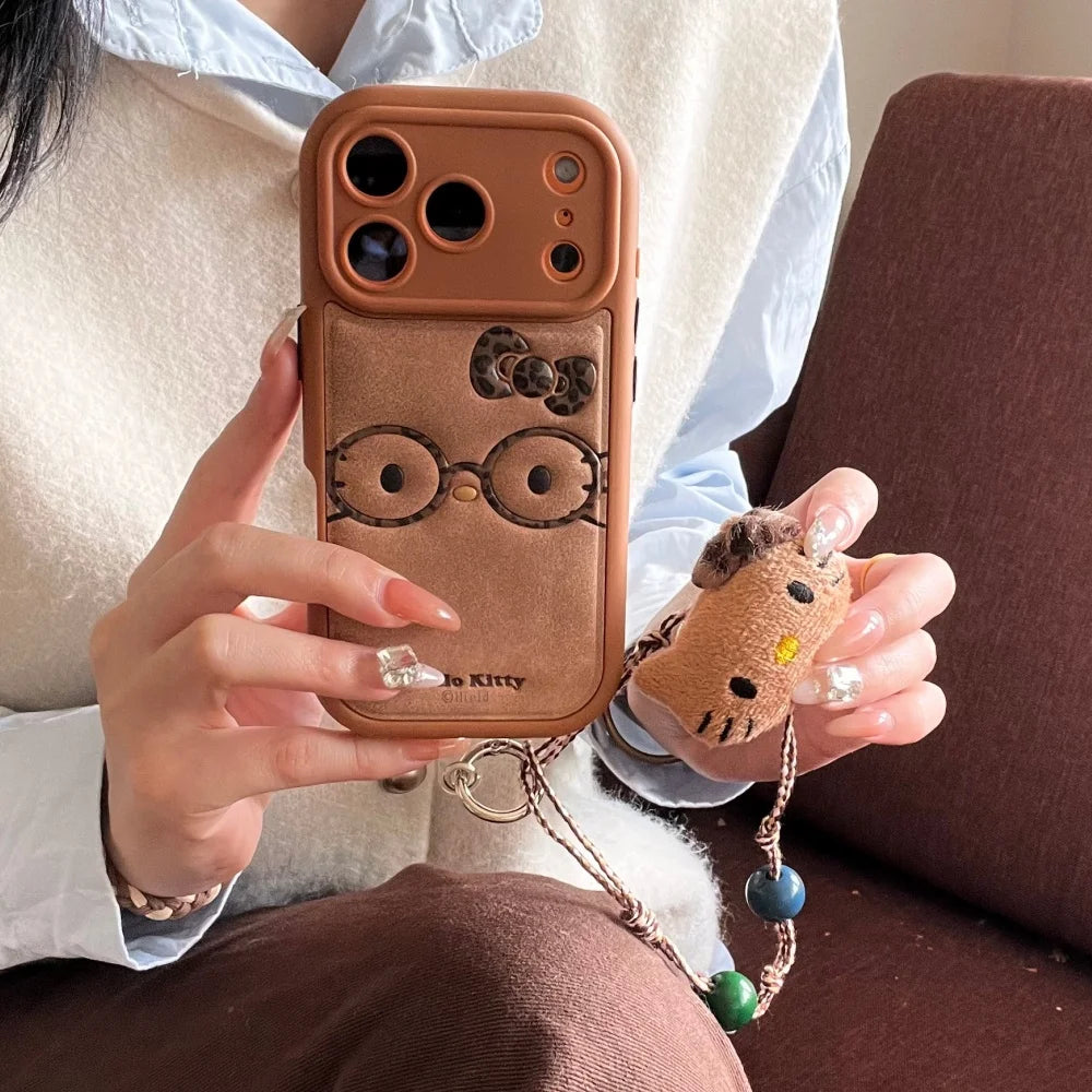 Brown Cute Leather Leopard Print Glasses Kiity Phone Case Suitable For iPhone