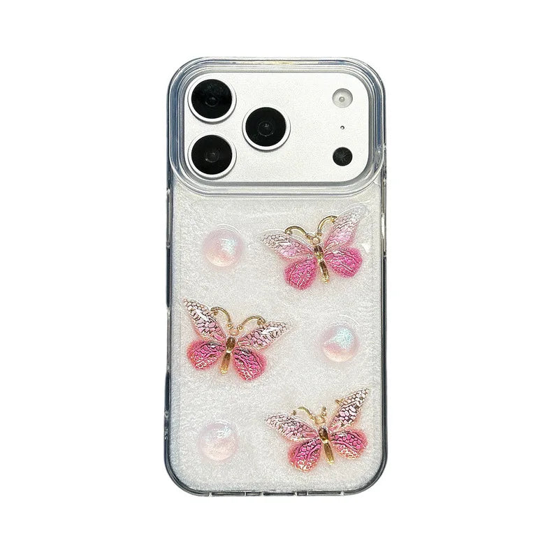 Korean 3D Pink Butterfly Pattern Glitter Drop Glue With Chain Phone Case For iPhone
