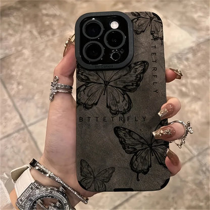 Retro Sketch Butterfly 3D Heart Lanyard Phone Case For iPhone