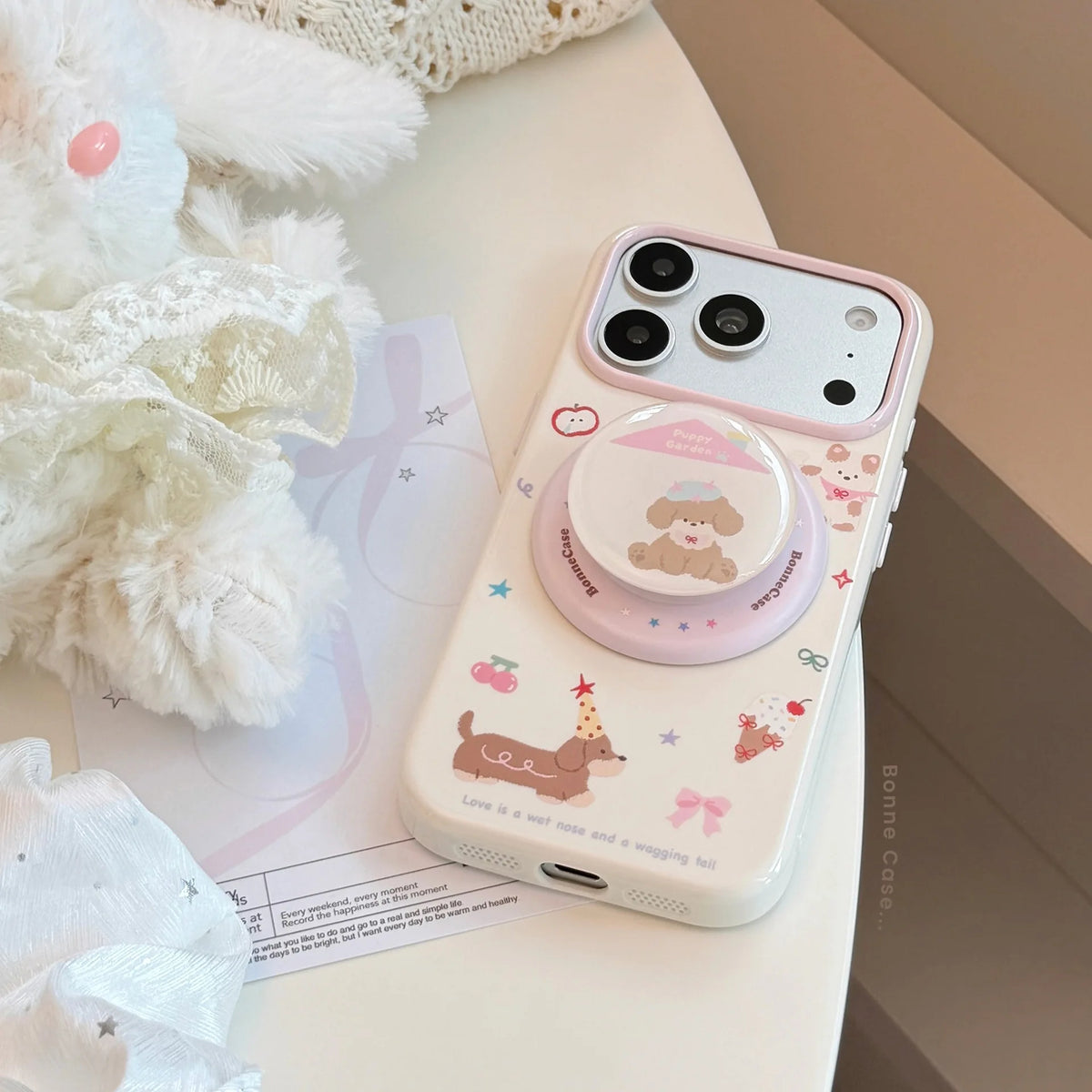 Korean Graffiti Cartoon House Puppy Doll Magnetic Bracket Phone Case For iPhone