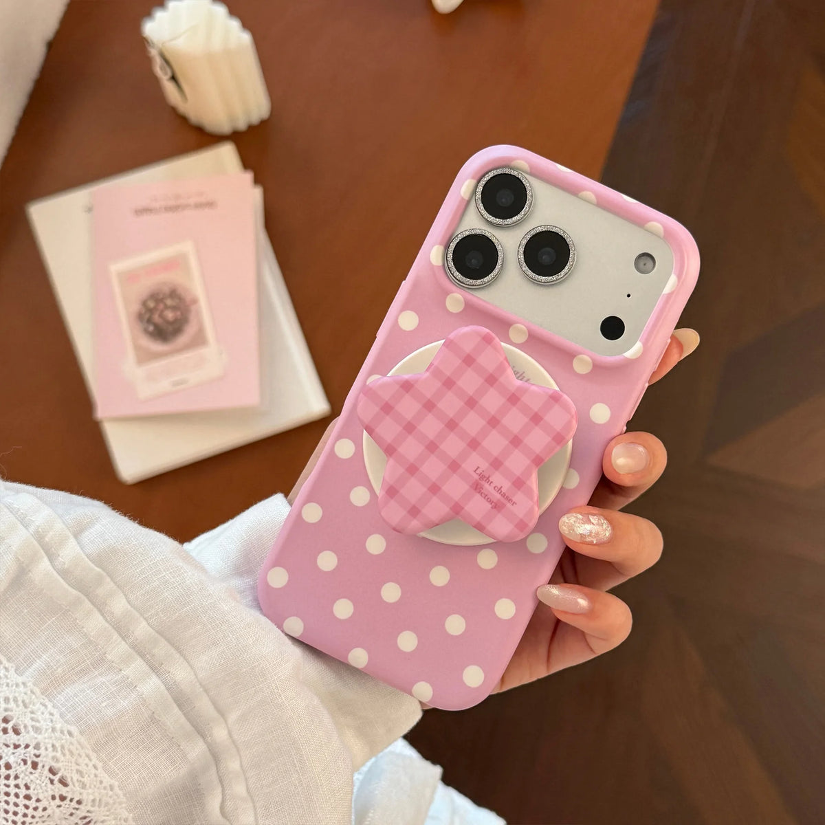 Korean Full Screen Polka Dots With Plaid Stars Magnetic Bracket Phone Case For iPhone