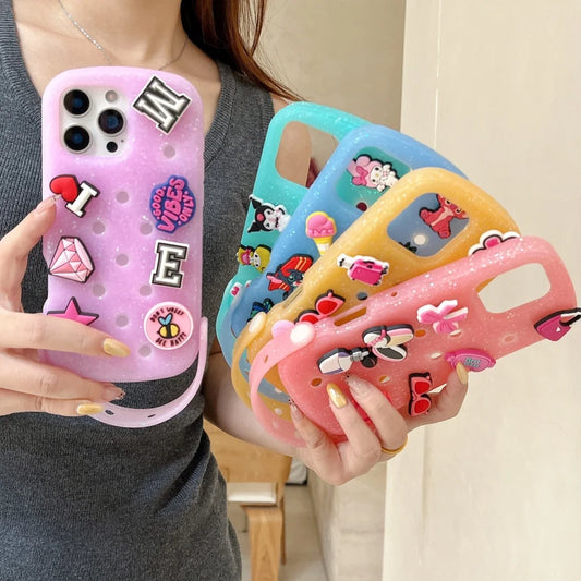 Cute DIY Hole Phone Case With Wrist Strap Detachable Cartoon Soft Silicone Phone