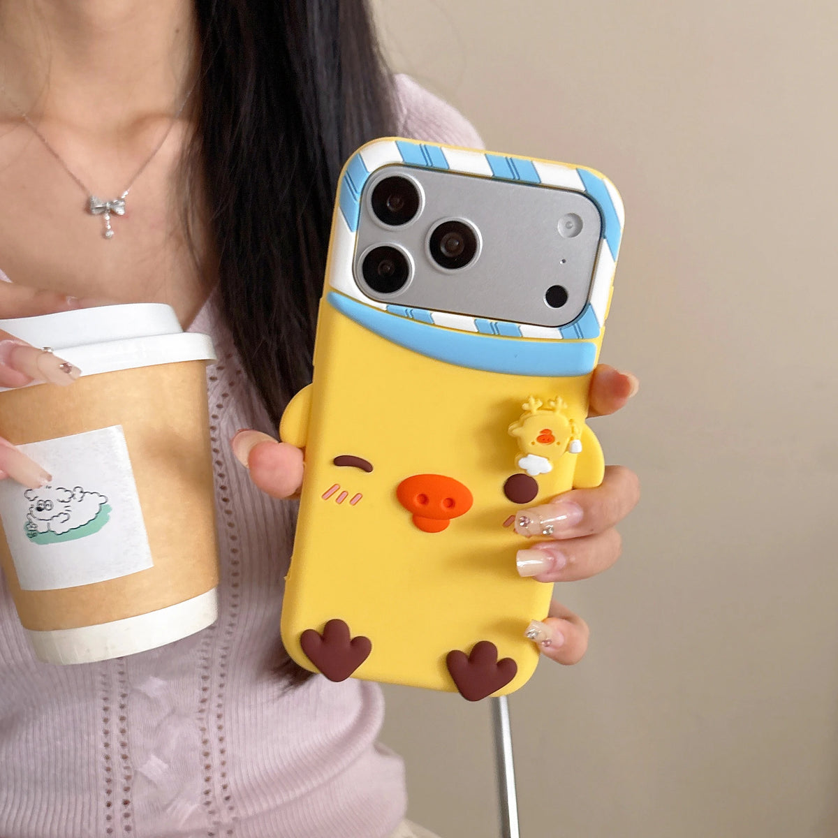3D Cartoon Rilakkuma Yellow Chick Rotate Decompress Phone Case For iPhone