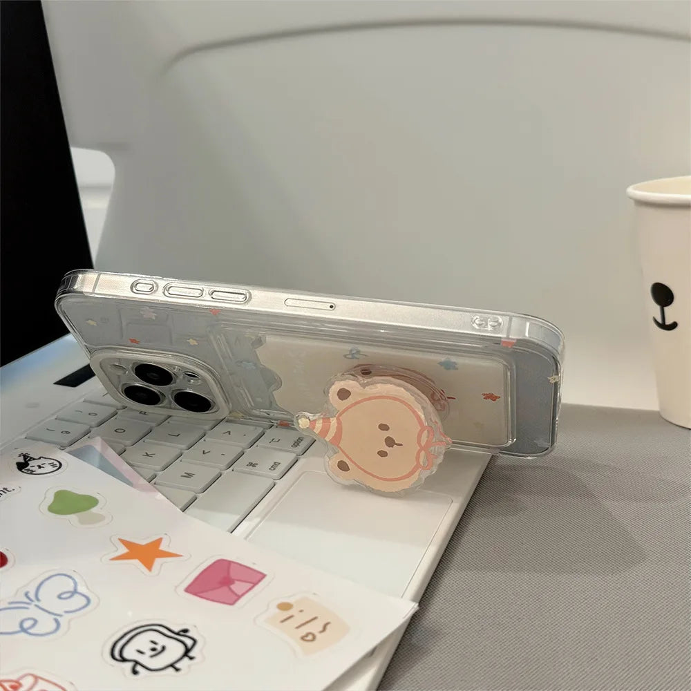 Lovely Cartoon Bear Card Package Phone Case With Stand Holder For iPhone