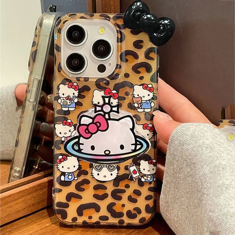 Hello Kitty Bow Lepard Print Face Phone Case For iPhone