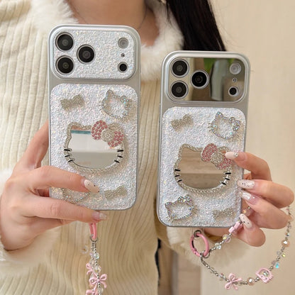 3D Cute Cartoon Sanrio KT Bling Glitter Makeup Mirror Phone Case For iPhone