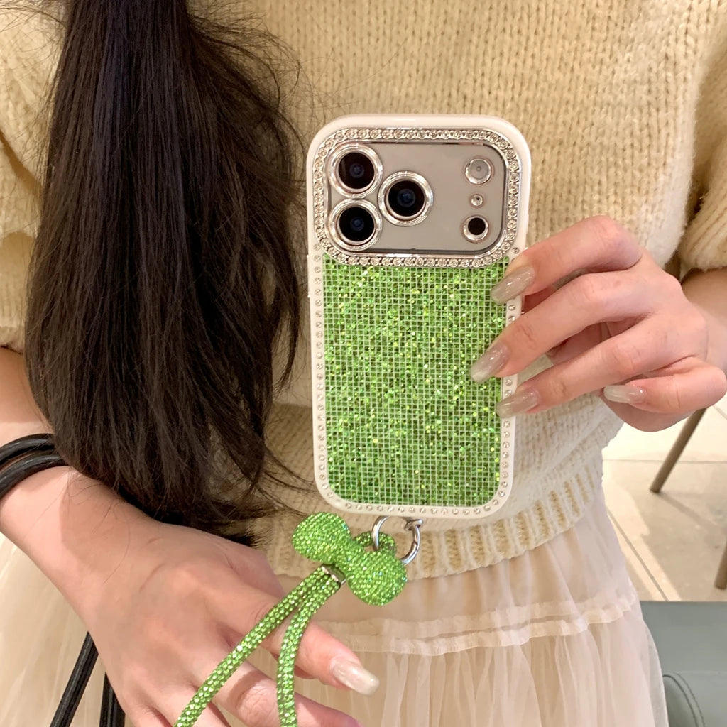 Blingbling Shining Glitter Rhinestone With Bow Lanyard Camera Lens Proteciton Phone Cover Case For iPhone