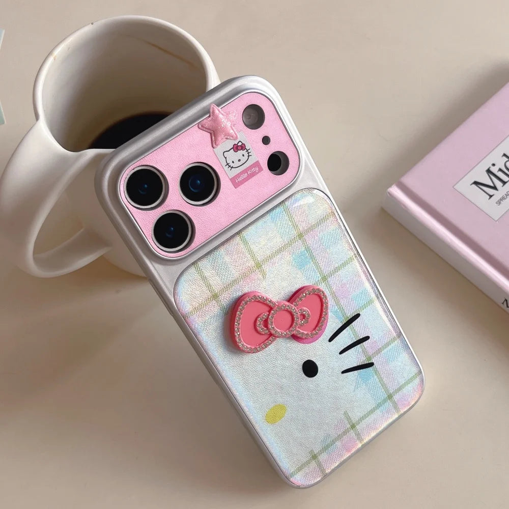 Luxury Cute Drip Glue Color Changing Grid Pattern Kitty Phone Case For iPhone