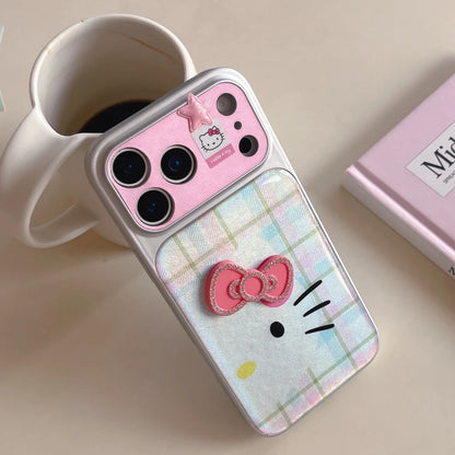 Luxury Cute Drip Glue Color Changing Grid Pattern Kitty Phone Case For iPhone