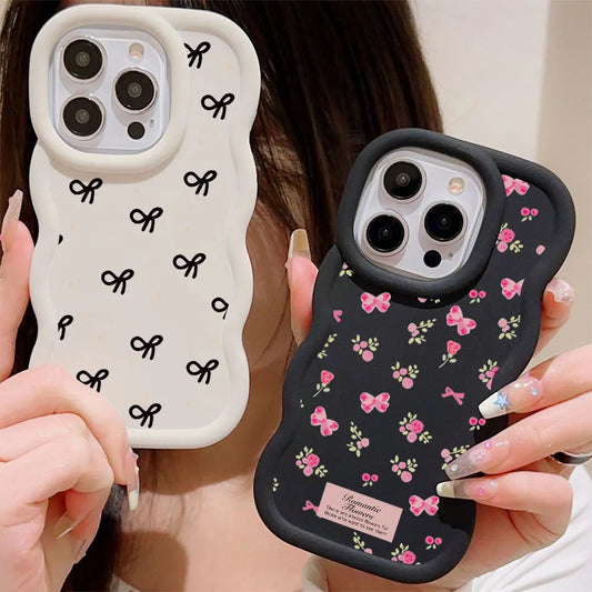 Black Pink Bow Candy Color Wavy Curved Edge Phone Case
