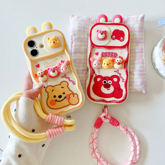 Cute Cartoon Winnie the Pooh Lotso Strap Chain Phone Case For iPhone