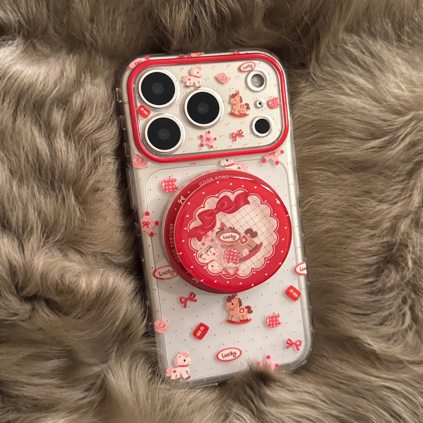 2026 Korean Cartoon Pony Quicksand Magnetic Bracket Phone Case For iPhone