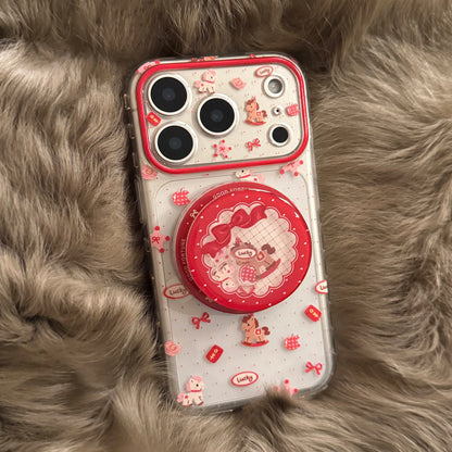 2026 Korean Cartoon Pony Quicksand Magnetic Bracket Phone Case For iPhone