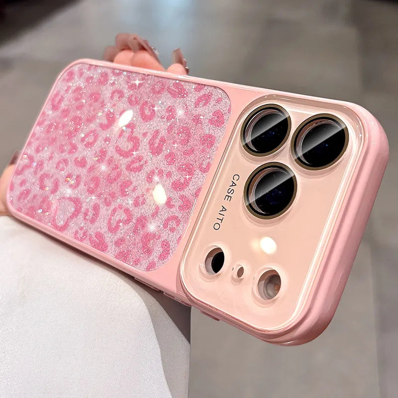 Glitter Leopard Print Wrist Strap Case  For iPhone