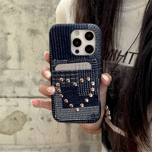 Fashion Riveted Love Card Holder Bag Denim Phone Case