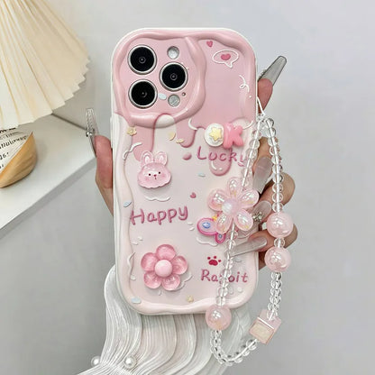 Sweet Style Pink 3D Bunny Flowers Wavy-Edge Phone Case For iPhone