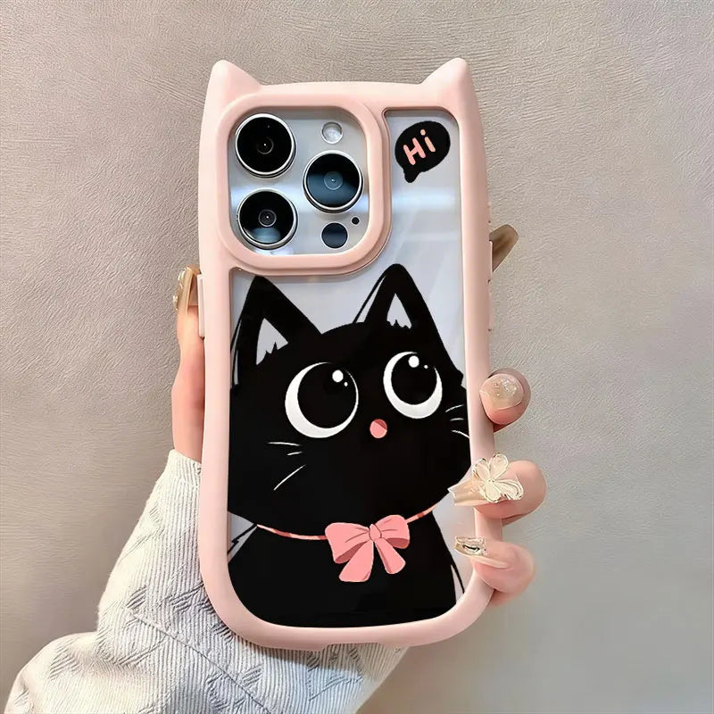 Cute Big Eyed Cat Pattern Cat's Ears Phone Case For iPhone
