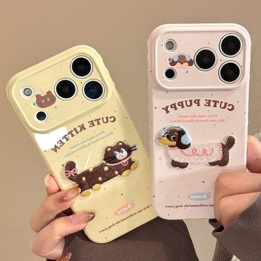 Korean Cute Cartoon Embroidery Plush Puppy Kitten Couple Phone Case For iPhone