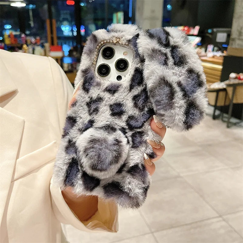 Cute Cartoon Leopard Print Bunny Fur Plush Phone Case For iPhone