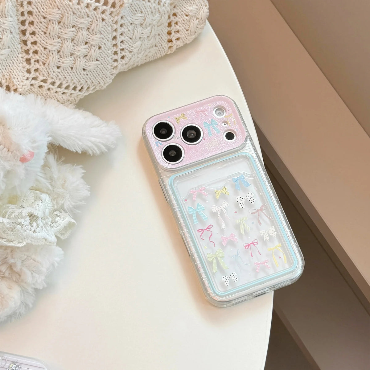 Korean Colorful Bowknot Card Holder Phone Case For iPhone