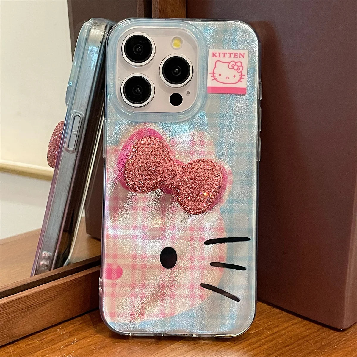 Hello Kitty Korea Grid Pattern Mirror Bow Strap Phone Case For iPhone