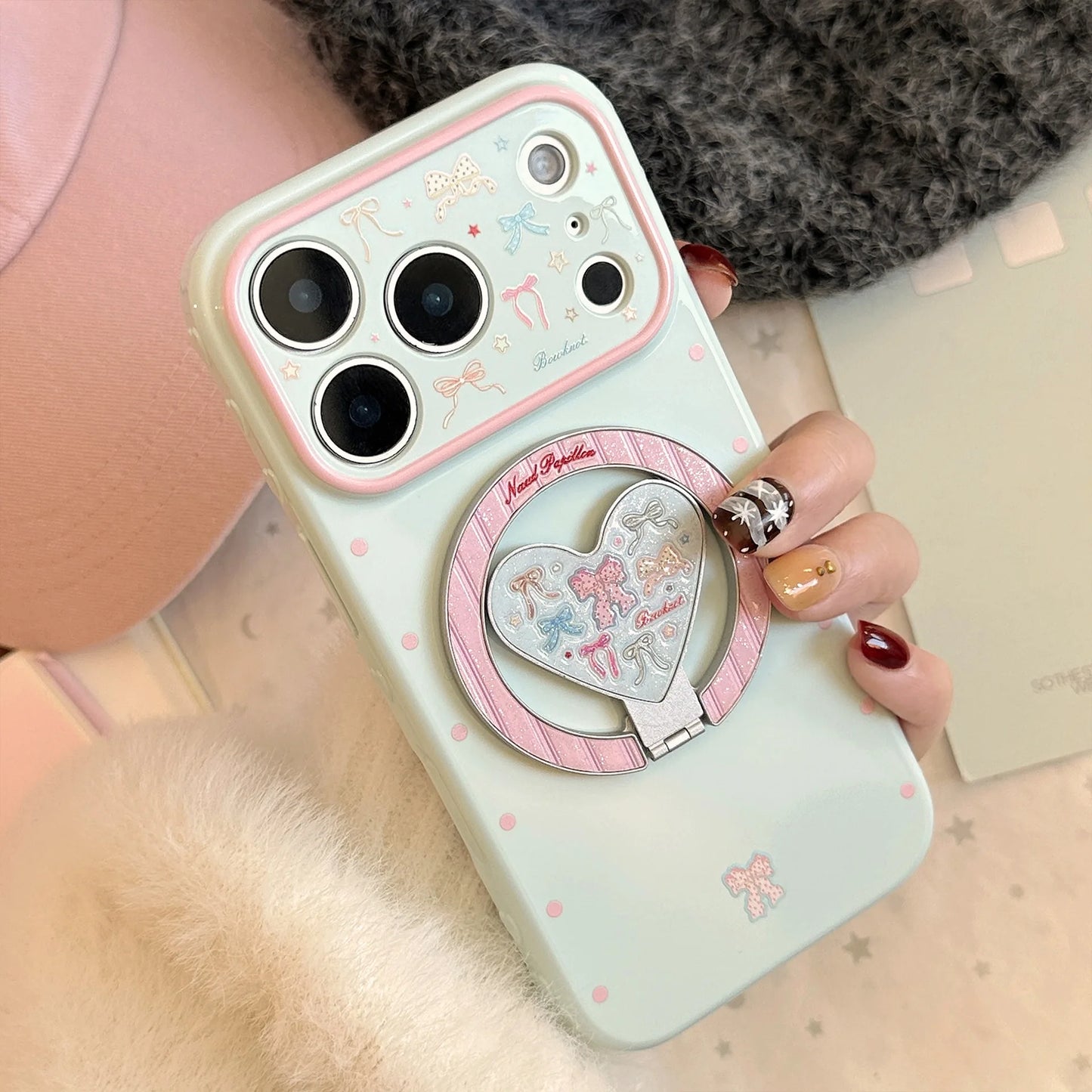 Korean Fold Love Heart Glitter Colorful Bowknot Magnetic Holder Phone Case For iPhone
