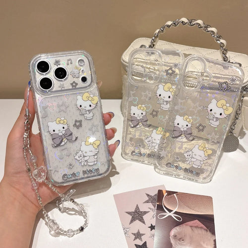 Clear Glitter Laser Star Heart HelloKitty Phone Case With Crystal Bead Wrist Lanyard Shockproof Cover For iPhone