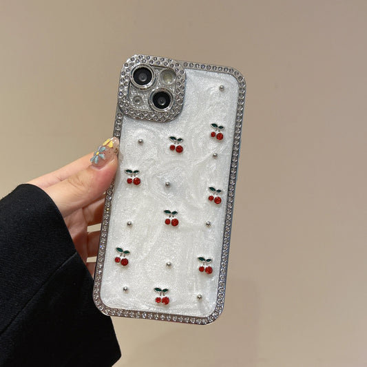 Glamorous & Sweet Zircon Frame Sparkling White Cherry Pattern Chic Phone Case