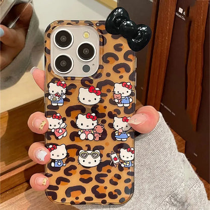 Hello Kitty Bow Lepard Print Face Phone Case For iPhone