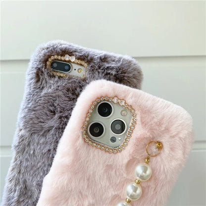 Autumn Winter Hairy Pearl Wrist Strap Phone Case For iPhone