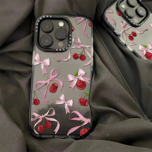 Ins Korean Lovely  Bow Cherry Phone Case For iPhone