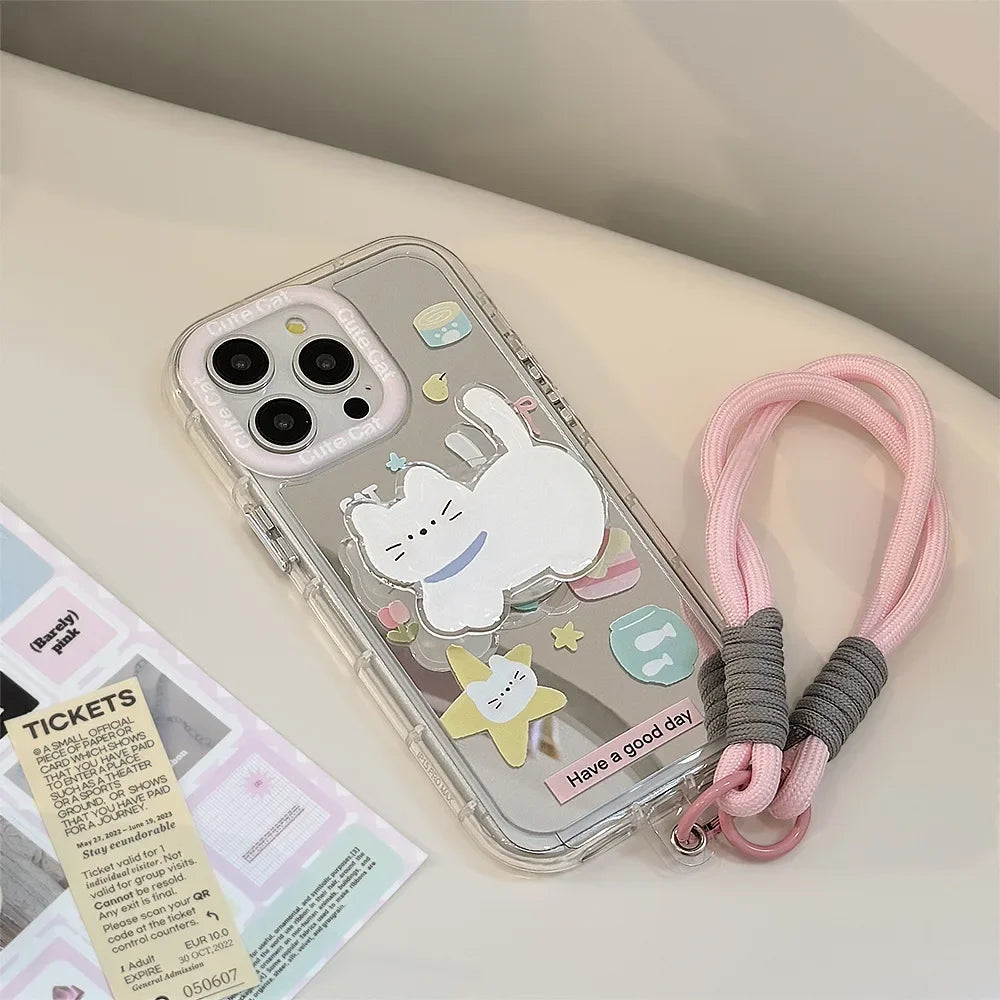 Korean Cartoon White Cat Bracket With Lanyard Makeup Mirror Phone Case For iPhone