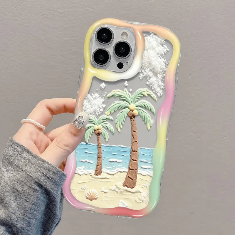 Summer Beach Coconut Trees Wavy-edge Phone Case For iPhone