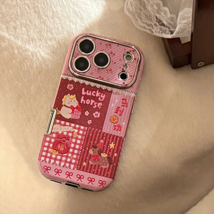 Korean Cartoon Horse Splicing Leather Texture Phone Case For iPhone