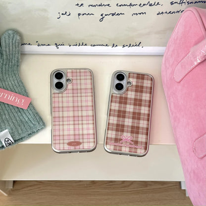 Grid Pattern Pink Bowknot Pattern Drop Glue Cover Case for iPhone Phone Case