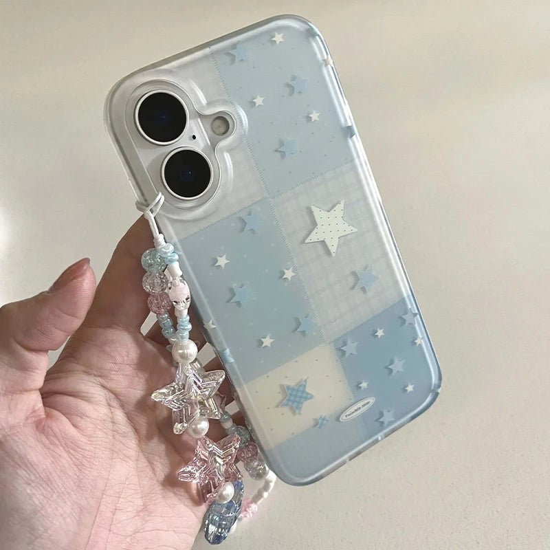 Cartoon Cute Blue Plaid Star Phone Case For iPhone