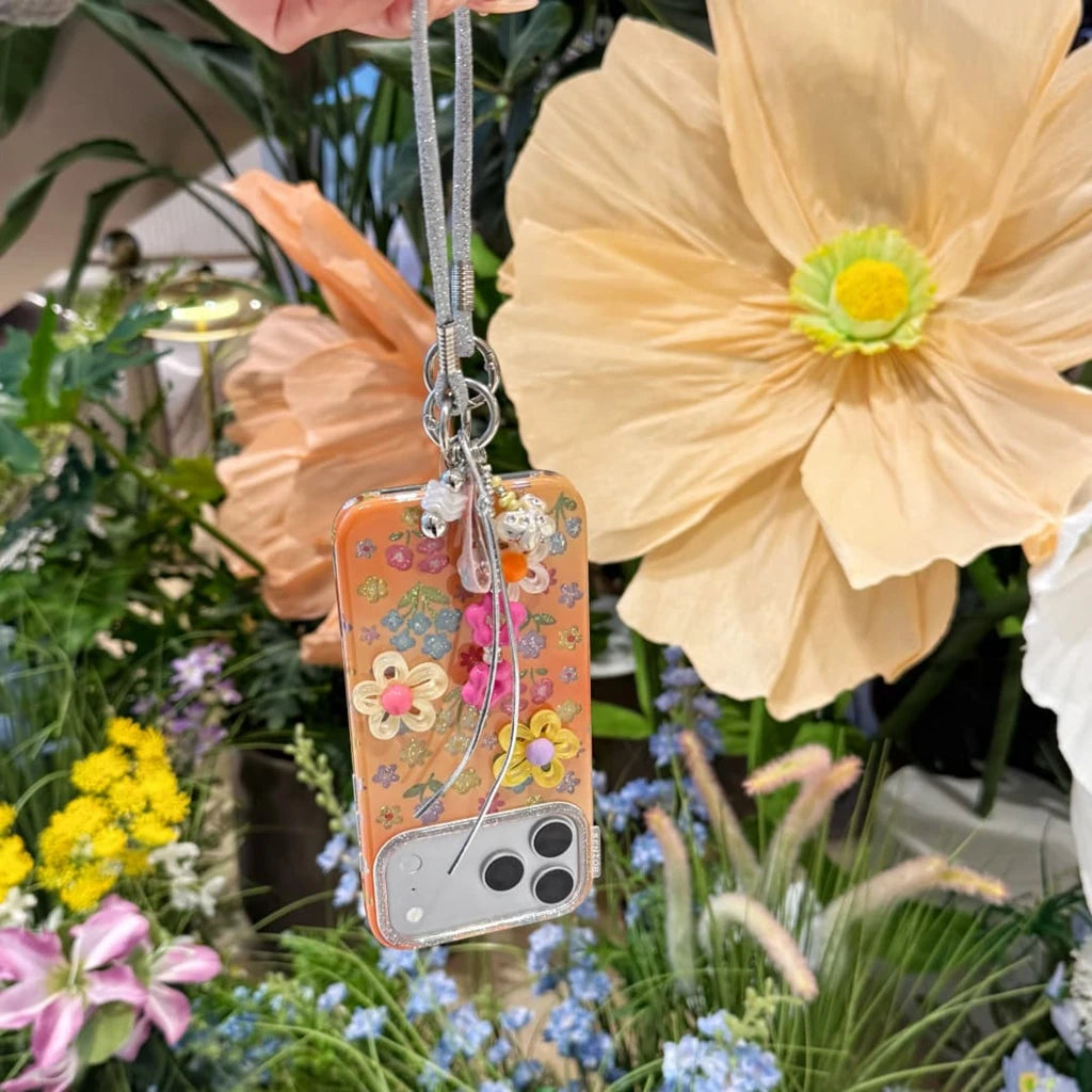 Dopamine Cute 3D Flower Floral Glitter With Lanyard Shockproof Protective Phone Cover Case For iPhone