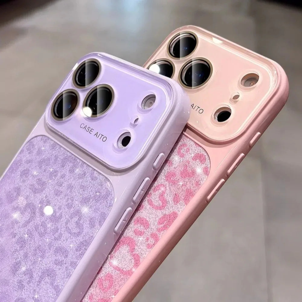 Glitter Leopard Print Wrist Strap Case  For iPhone