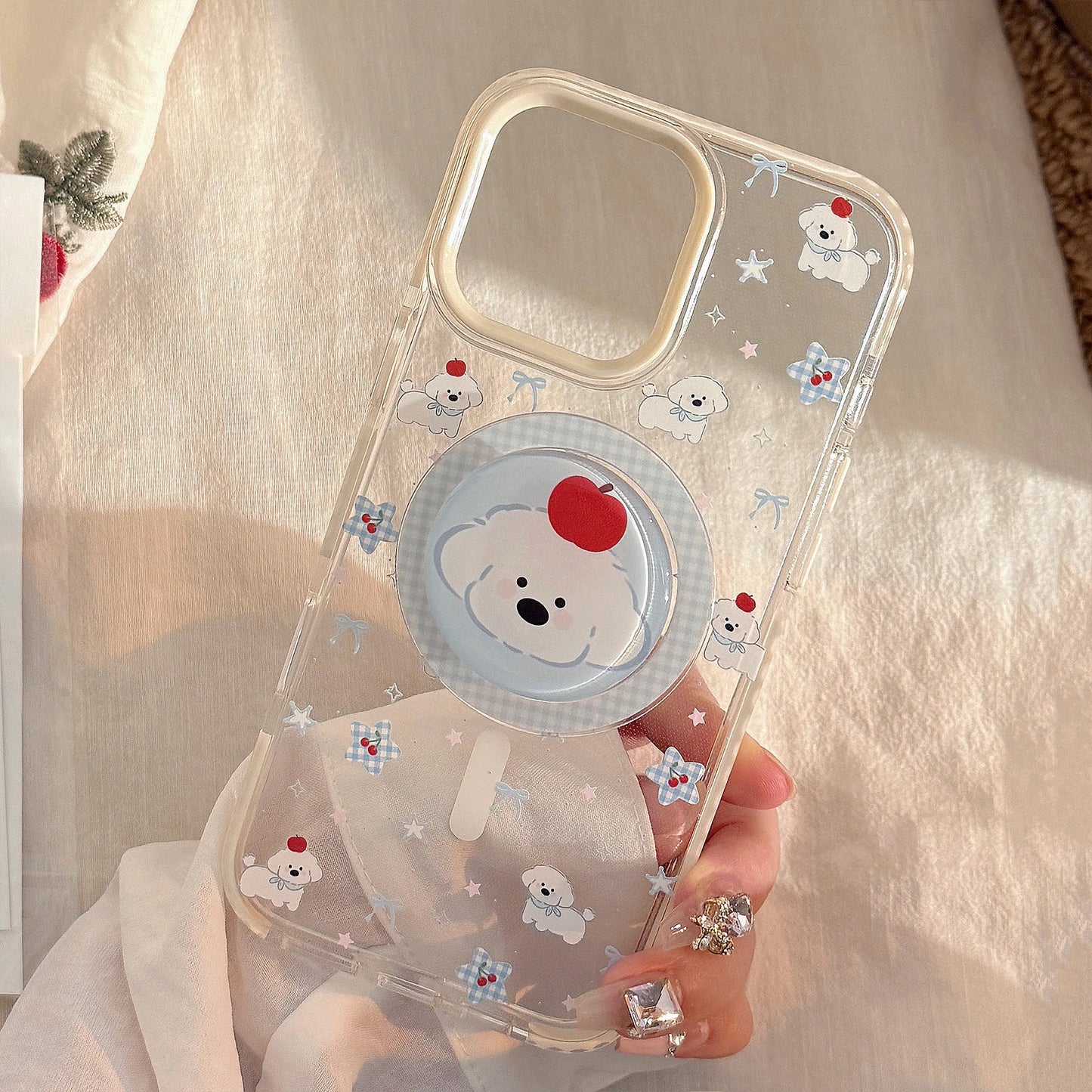 Korean Cute Cartoon Lattice Puppy Bracket Magnetic Phone Case For iPhone