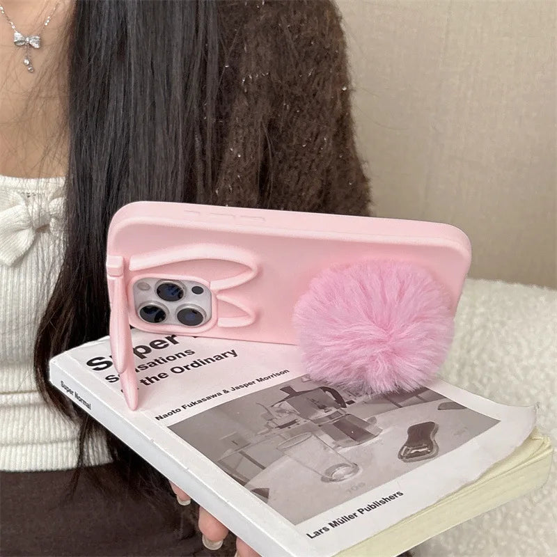 3D Cartoon Rabbit Ear Foldable Holder Silicone Phone Case For iPhone