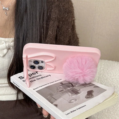 3D Cartoon Rabbit Ear Foldable Holder Silicone Phone Case For iPhone