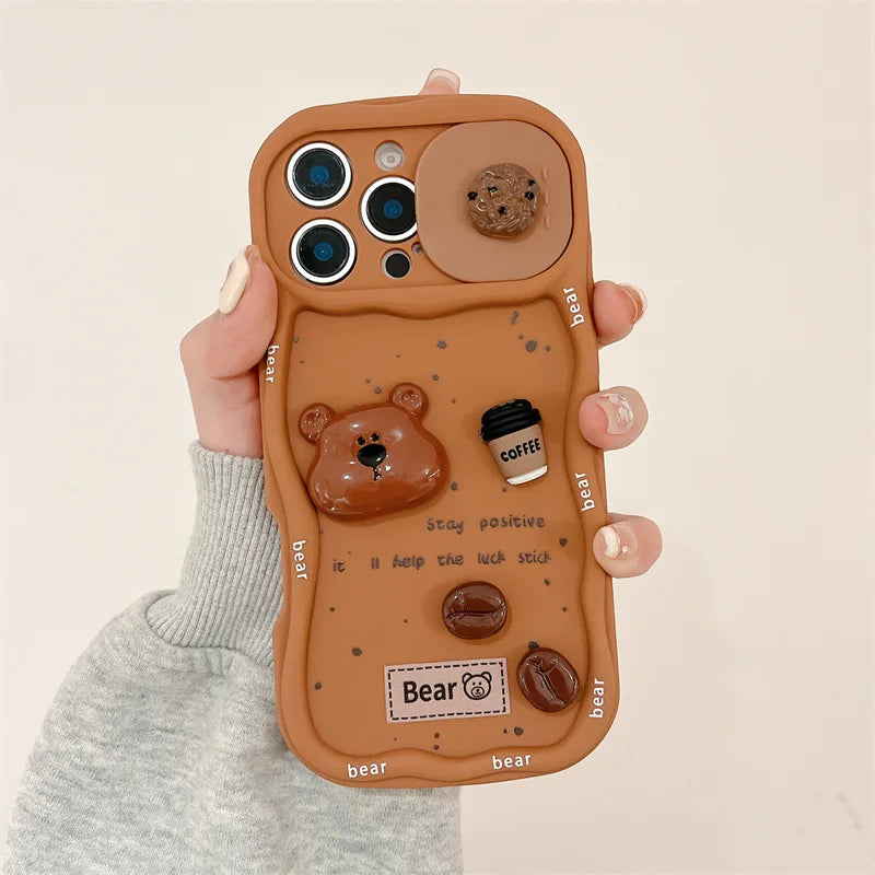 3D Coffee Cartoon Bear Phone Case With Wrist Strap For iPhone