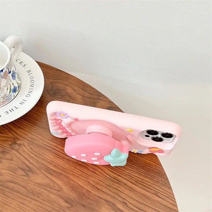 3D Cute Cartoon Strawberry Telescopic Bracket Silicone Phone Case For iPhone