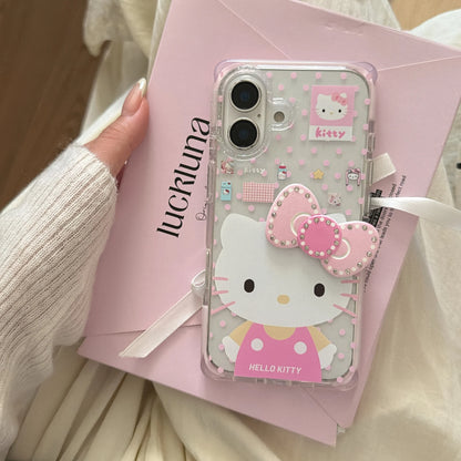 Square Pink Border Hello Kitty Three Dimensional Bow Phone Case For iPhone
