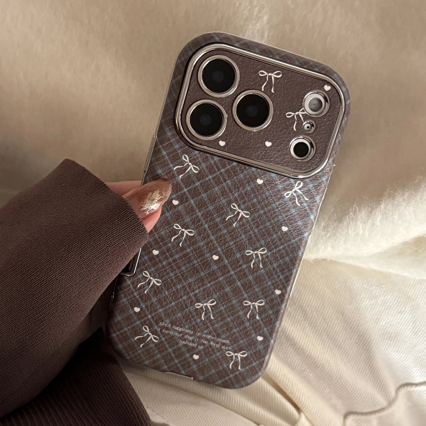 Korean Retro Plaid Grid Pattern Bowknot Leather Texture Phone Case For iPhone