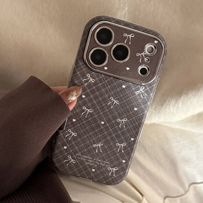 Korean Retro Plaid Grid Pattern Bowknot Leather Texture Phone Case For iPhone