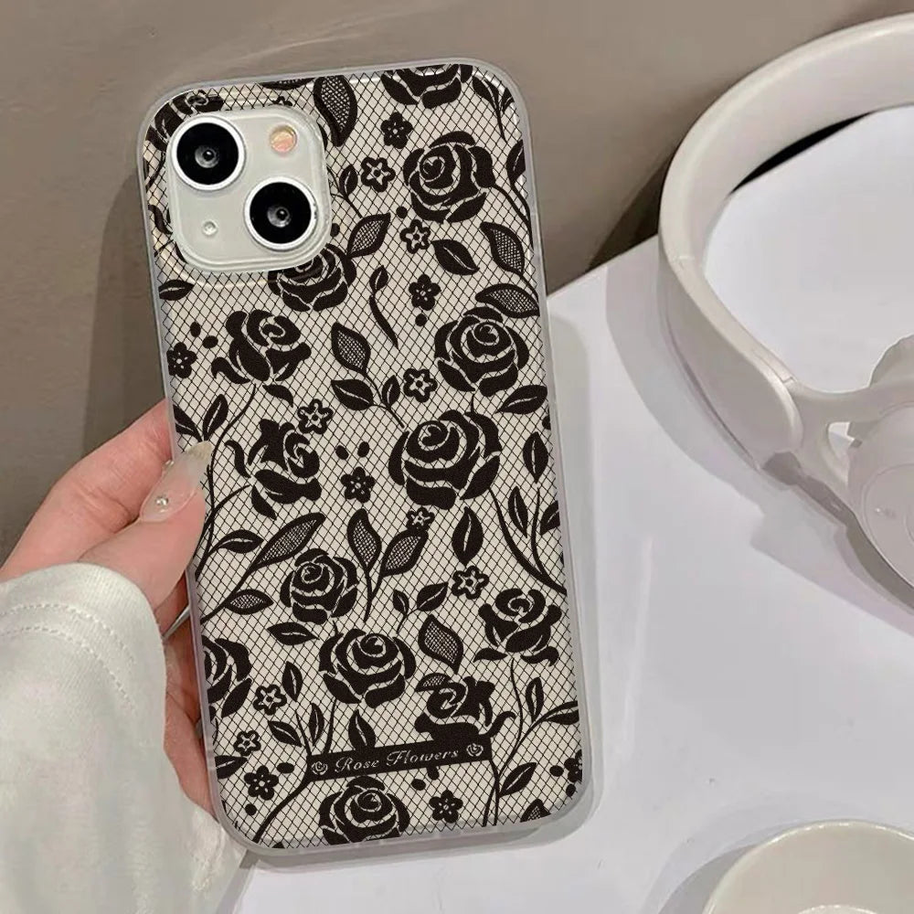Black Lace Pattern Rose Flower Phone Case For iPhone